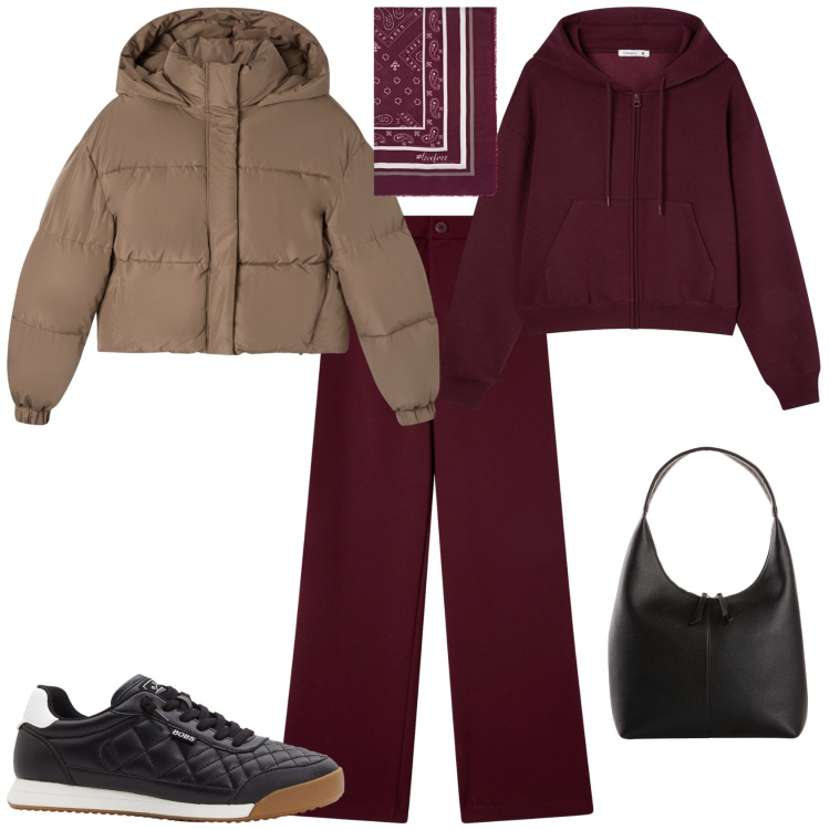 Outfit donna - Total look #2255804. Stile Sporty chic per Tutti i giorni. Abbinamento con sneakers, shopping bag, bomber, felpe con cappuccio, pantaloni, foulard.