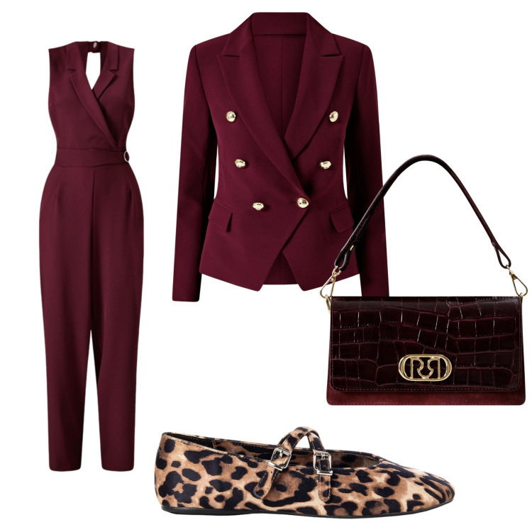 Outfit donna - Cerimonia in bordeaux. Stile Chic per Cerimonia. Abbinamento con blazer, ballerine, tute, borse a mano.