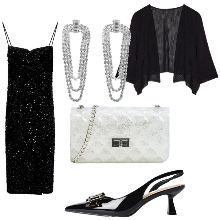 Outfit donna - Sexy e glamour per la sera. Stile Glamour per Serata fuori. Abbinamento con borse a tracolla, orecchini, décolleté, vestiti lunghi, bolero.