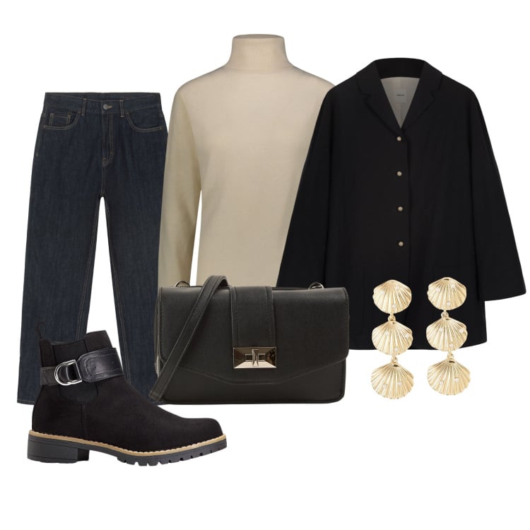 Outfit donna - Giorno di saldi. Stile Basic per Tutti i giorni. Abbinamento con stivaletti chelsea, orecchini, borse a tracolla, blazer, jeans dritti, pullovers.