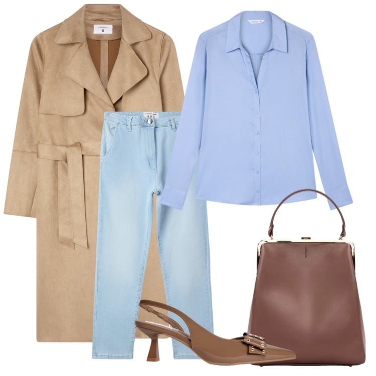 Outfit donna - Ispirazione. Stile Casual chic per Tutti i giorni. Abbinamento con jeans skinny, camicie, trench, décolleté, borse a spalla.