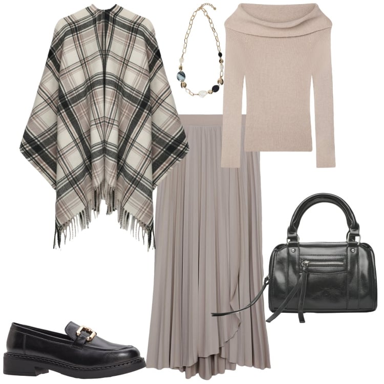 Outfit donna - Total look #2255831. Stile Casual chic per Tutti i giorni. Abbinamento con mocassini, gonne lunghe, borse a mano, maglieria, cappotti, collane.