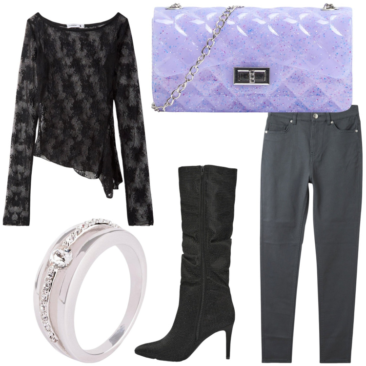 Outfit donna - Un tocco di colore. Stile Glamour per Serata fuori. Abbinamento con anelli, borse a tracolla, pantaloni skinny, maglieria, stivali.