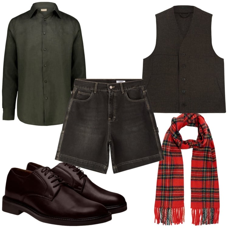 Outfit uomo - Total look #2255833. Stile Trendy per Tutti i giorni. Abbinamento con bermuda, camicie, sciarpe, scarpe stringate, gilet.