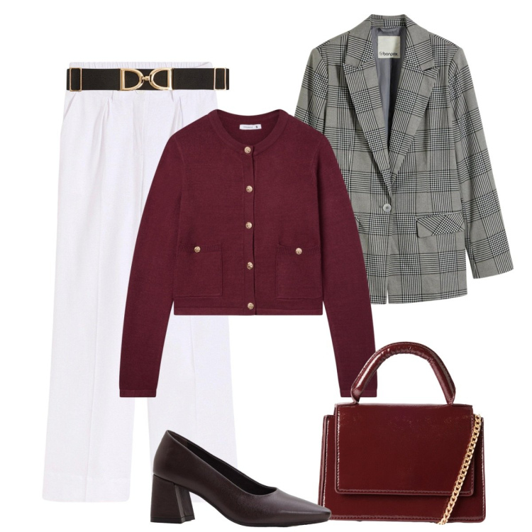 Outfit donna - Pantalone bianco. Stile Basic per Tutti i giorni. Abbinamento con décolleté, blazer, pantaloni a palazzo, cinture, borse a tracolla, cardigans.