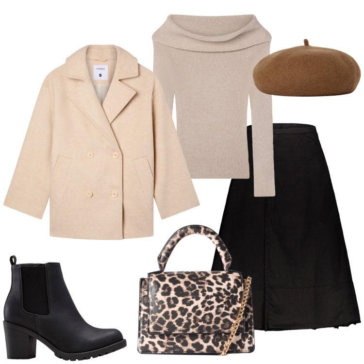 Outfit donna - Verso l\'autunno. Stile Casual per Ufficio. Abbinamento con stivaletti, borse a tracolla, maglieria, caban, gonne lunghe, cappelli e berretti.