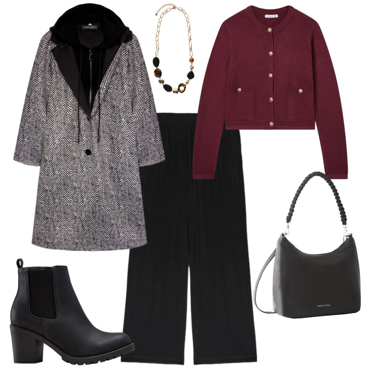 Outfit donna - Total look #2255839. Stile Casual chic per Tutti i giorni. Abbinamento con stivaletti, borse a mano, cardigans, collane, cappotti, pantaloni.