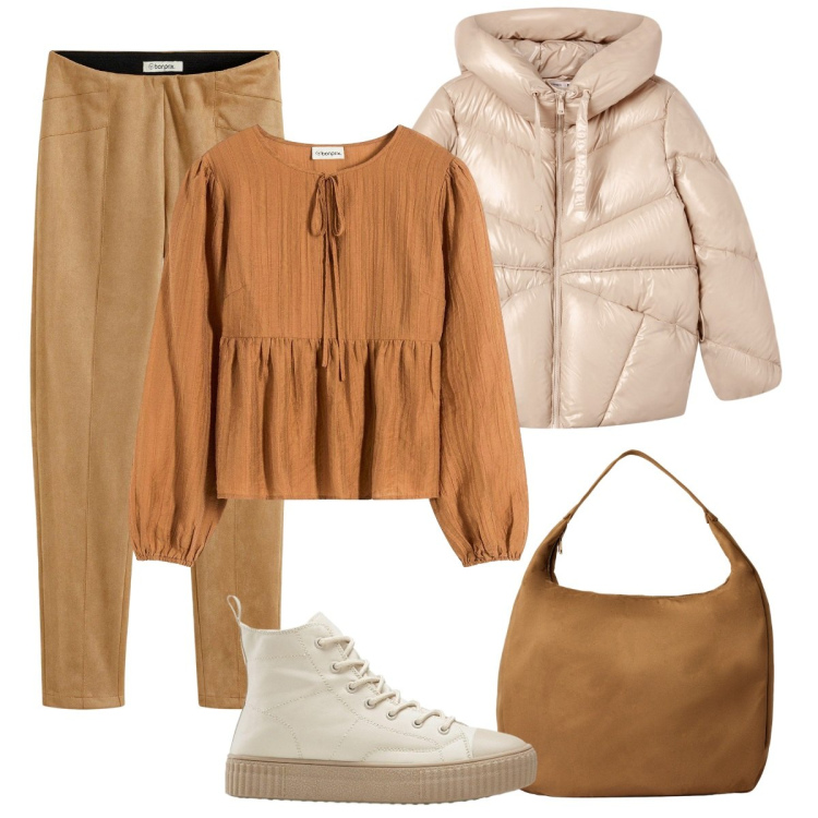 Outfit donna - Al calduccio. Stile Basic per Tutti i giorni. Abbinamento con pantaloni, sneakers alte, bluse, borse a mano, giacche.