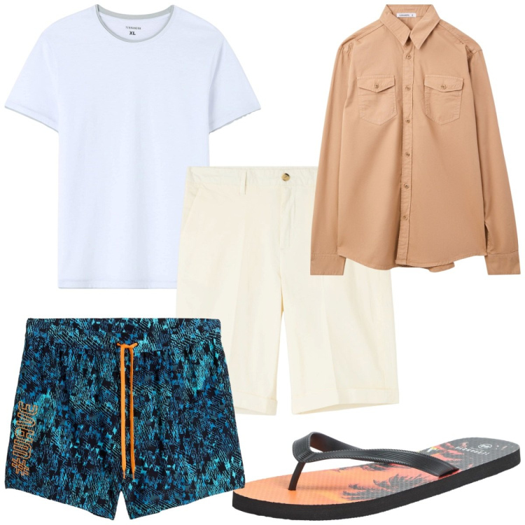 Outfit uomo - Total look #2255844. Stile Trendy per Mare. Abbinamento con costumi, camicie, bermuda, sandali, t-shirt.