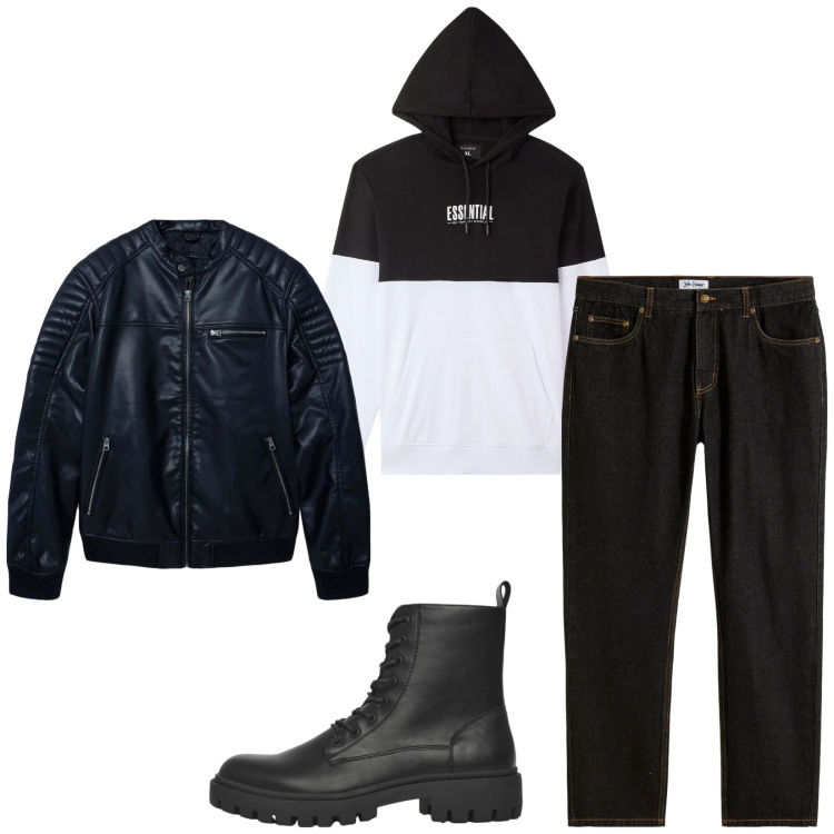 Outfit uomo - Total look #2255845. Stile Casual per Tutti i giorni. Abbinamento con jeans dritti, giacche, felpe con cappuccio, anfibi.