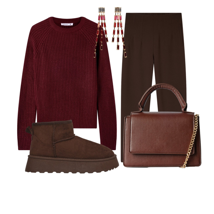Outfit donna - Marrone e Vino. Stile Basic per Tutti i giorni. Abbinamento con orecchini, pantaloni chino, maglieria, borse a tracolla, stivaletti.