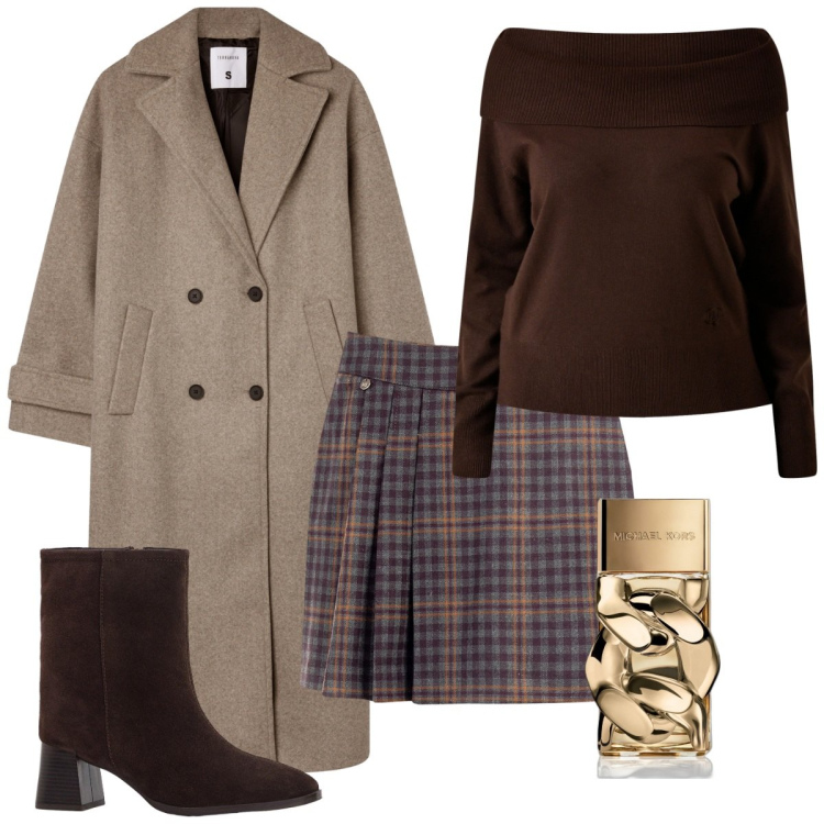 Outfit donna - Cappotto. Stile Basic per Serata fuori. Abbinamento con stivaletti, profumi, cappotti, maglieria, minigonne.