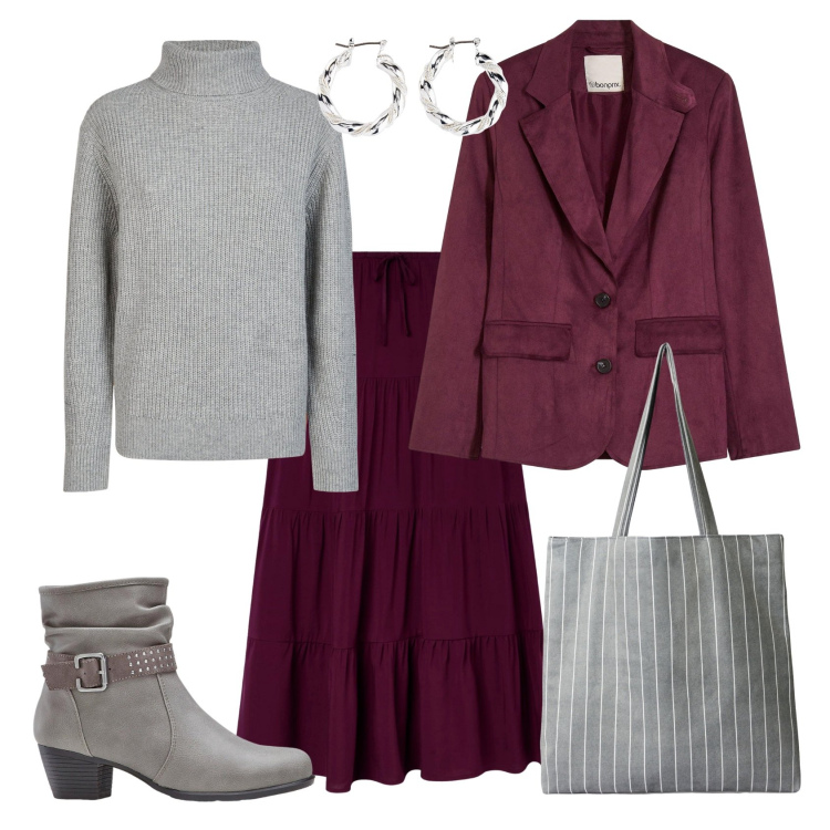 Outfit donna - Total look #2255852. Stile Casual chic per Ufficio. Abbinamento con stivaletti, orecchini, blazer, shopping bag, gonne lunghe, maglieria.