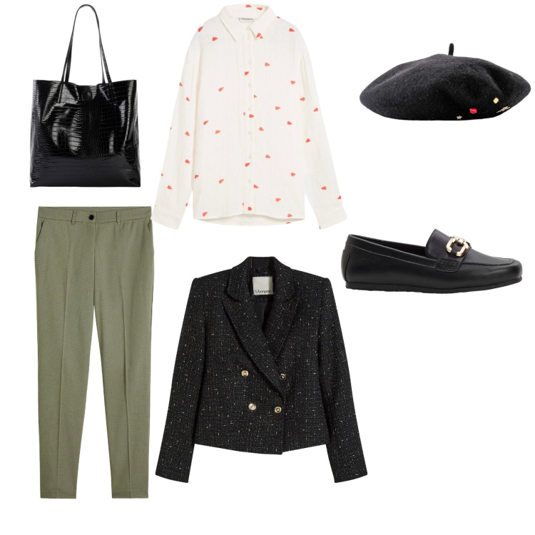 Outfit donna - Total look #2255853. Stile Casual per Tutti i giorni. Abbinamento con cappelli e berretti, pantaloni, shopping bag, camicie, mocassini, blazer.