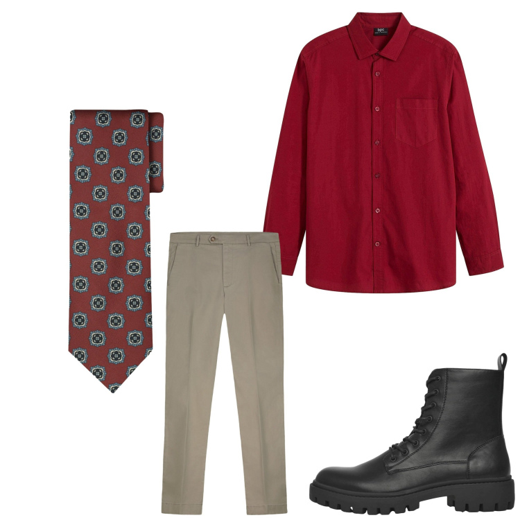 Outfit uomo - Easy red. Stile Business/Elegante per Ufficio. Abbinamento con camicie, anfibi, pantaloni chino, cravatte.