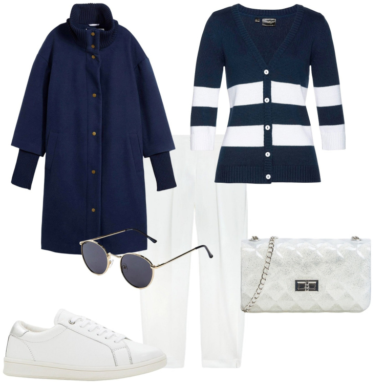 Outfit donna - Minimal chic. Stile Trendy per Tutti i giorni. Abbinamento con cappotti, sneakers, cardigans, occhiali da sole, borse a tracolla, pantaloni.