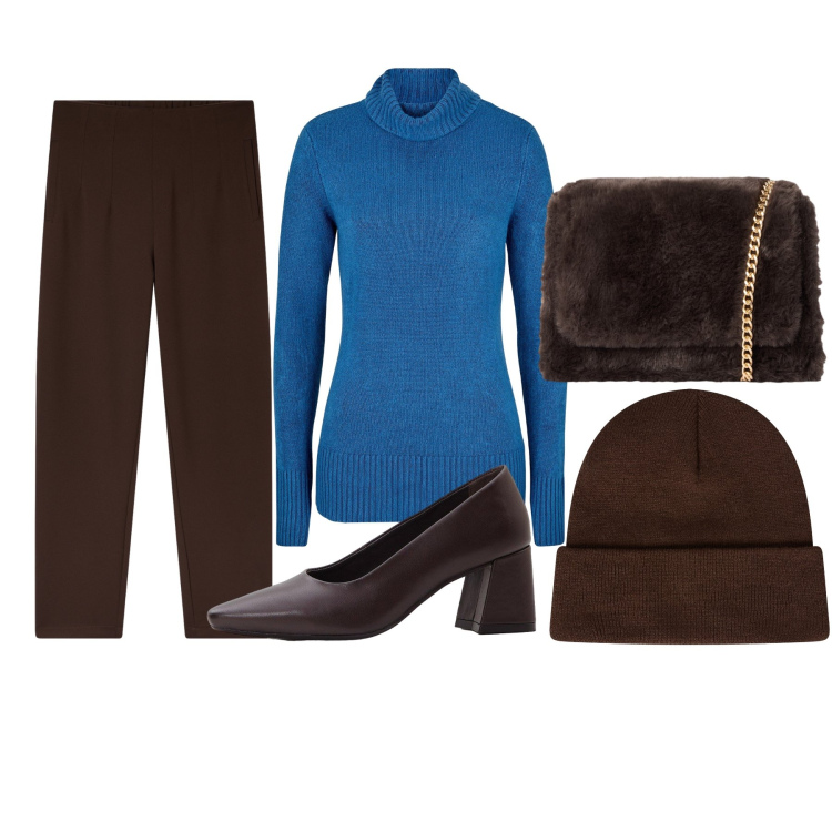 Outfit donna - Marrone e celeste. Stile Casual per Tutti i giorni. Abbinamento con maglieria, décolleté, pantaloni chino, borse a tracolla, berretti.