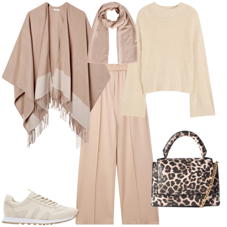 Outfit donna - Minimal chic. Stile Sporty chic per Tutti i giorni. Abbinamento con sneakers, maglieria, pantaloni, borse a tracolla, foulard, cappe.