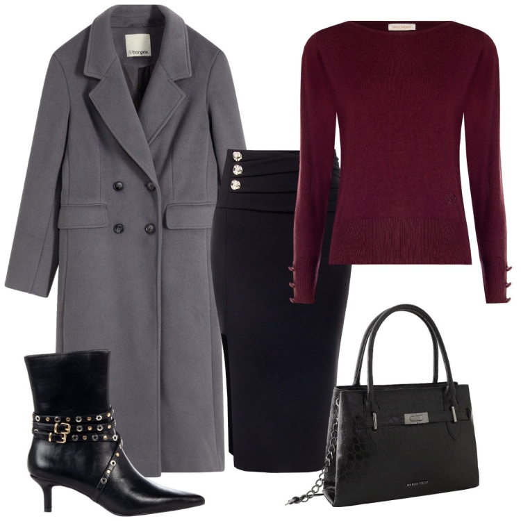 Outfit donna - Cena di lavoro. Stile Chic per Ufficio. Abbinamento con borse a mano, cappotti, stivaletti, maglieria, gonne.
