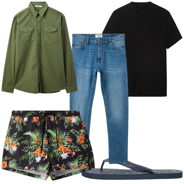 Outfit uomo - Total look #2255866. Stile Trendy per Mare. Abbinamento con jeans skinny, camicie, costumi, sandali, t-shirt.