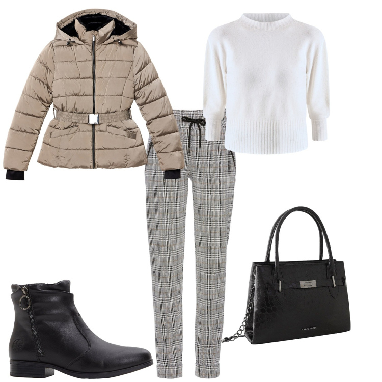 Outfit donna - Total look #2255868. Stile Trendy per Ufficio. Abbinamento con pantaloni, borse a mano, stivaletti, piumini, maglieria.