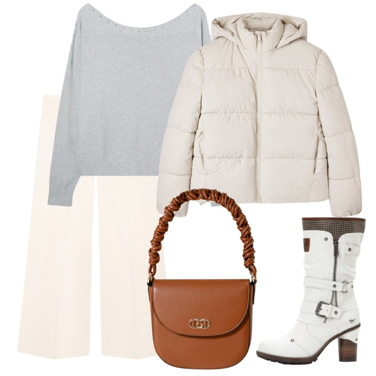 Outfit donna - Bianco. Stile Basic per Tutti i giorni. Abbinamento con stivali, bomber, maglieria, borse a mano, pantaloni a palazzo.