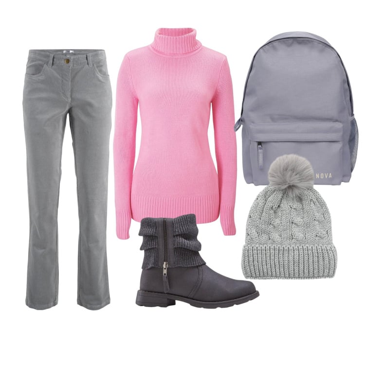 Outfit donna - Rosa e Grigio. Stile Casual per Tutti i giorni. Abbinamento con pantaloni, stivaletti, maglieria, zaini, berretti.