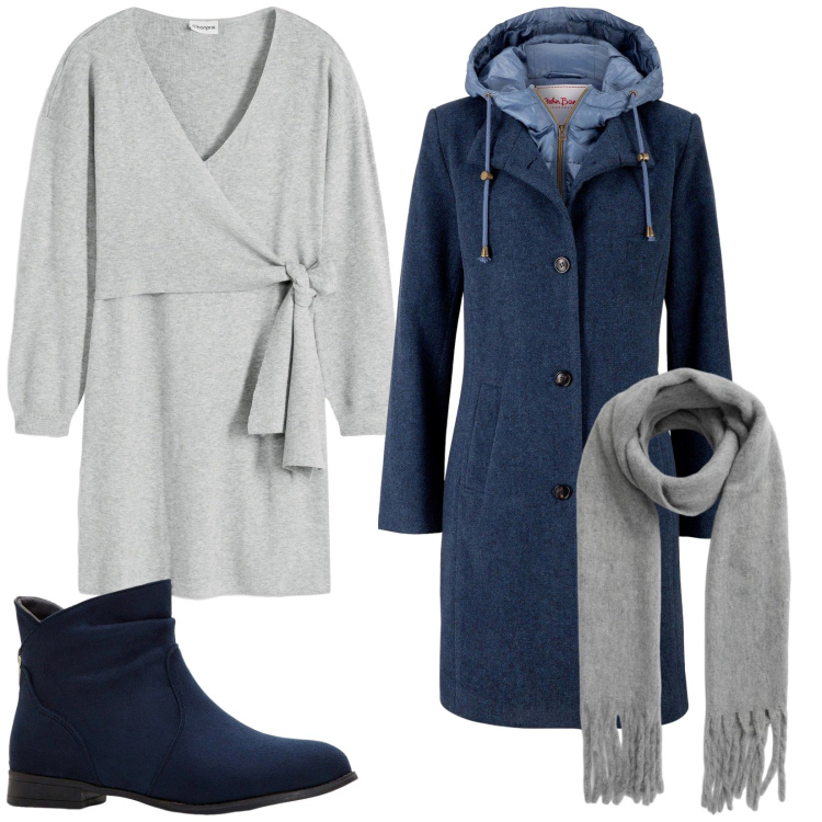 Outfit donna - Total look #2255873. Stile Casual per Tutti i giorni. Abbinamento con vestiti, cappotti, stivaletti, sciarpe.