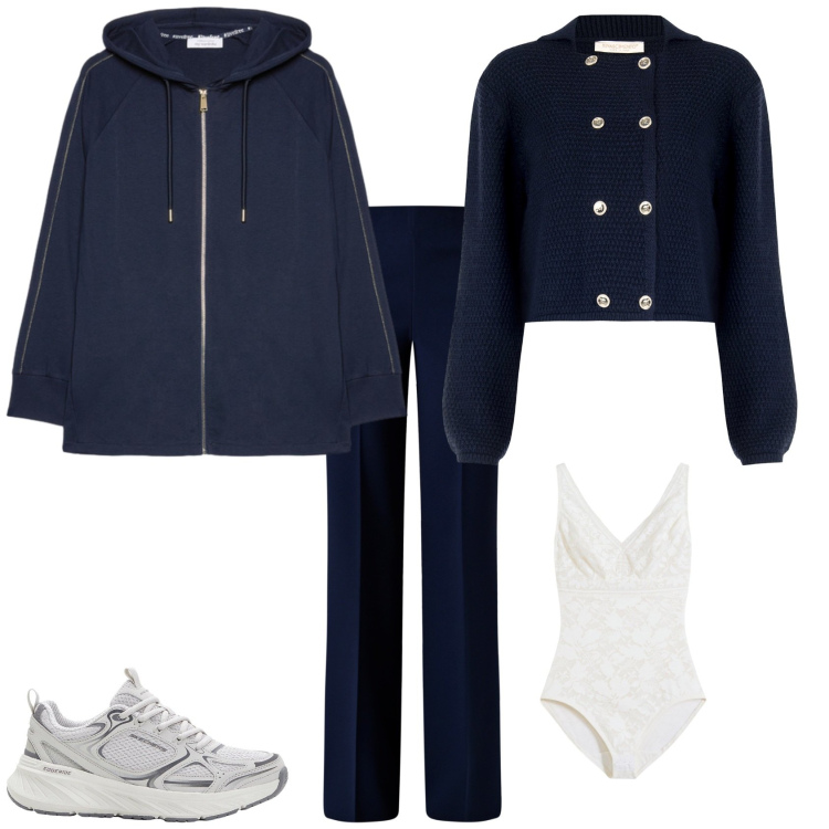 Outfit donna - Total look #2255874. Stile Trendy per Tutti i giorni. Abbinamento con sneakers, body, pantaloni a palazzo, blazer, felpe con cappuccio.
