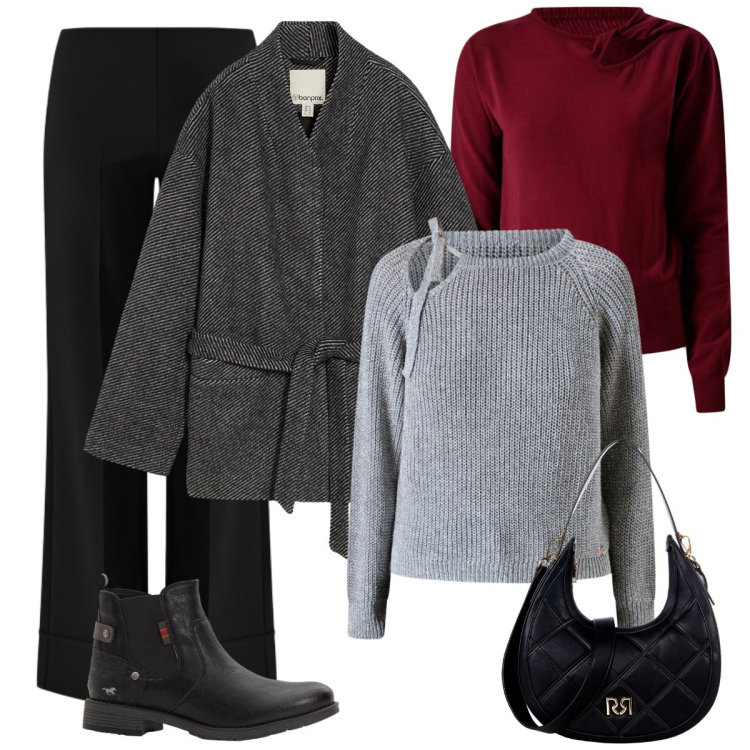 Outfit donna - Il pullover sulle spalle. Stile Basic per Serata fuori. Abbinamento con stivaletti chelsea, blazer, borse a tracolla, maglieria, maglieria, pantaloni a palazzo.