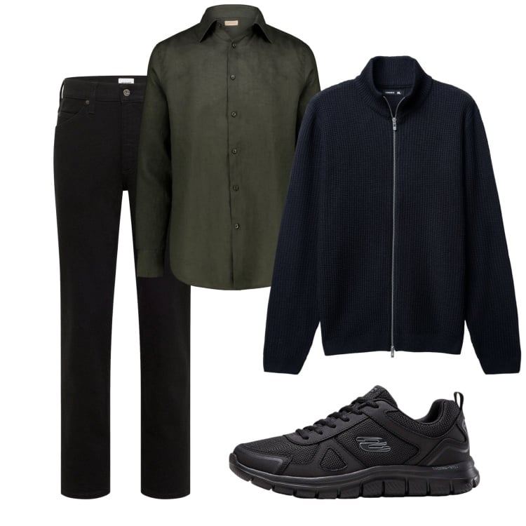Outfit uomo - Fall. Stile Casual per Tutti i giorni. Abbinamento con sneakers, jeans dritti, cardigans, camicie.