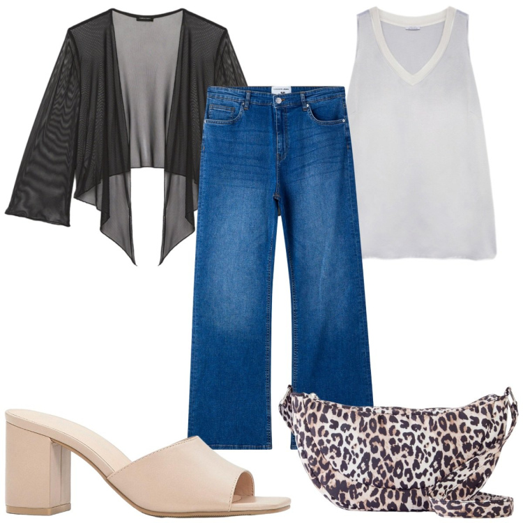 Outfit donna - Total look #2255878. Stile Casual chic per Tutti i giorni. Abbinamento con sandali col tacco, borse a tracolla, jeans a zampa, top, bolero.