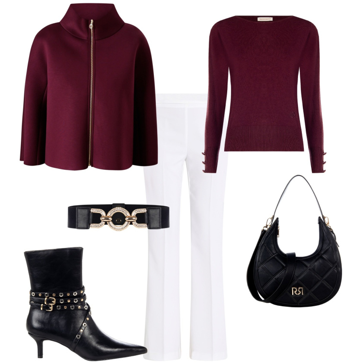 Outfit donna - Chic con Rinascimento. Stile Chic per Tutti i giorni. Abbinamento con pantaloni, borse a tracolla, stivaletti, cinture, cappe, maglieria.