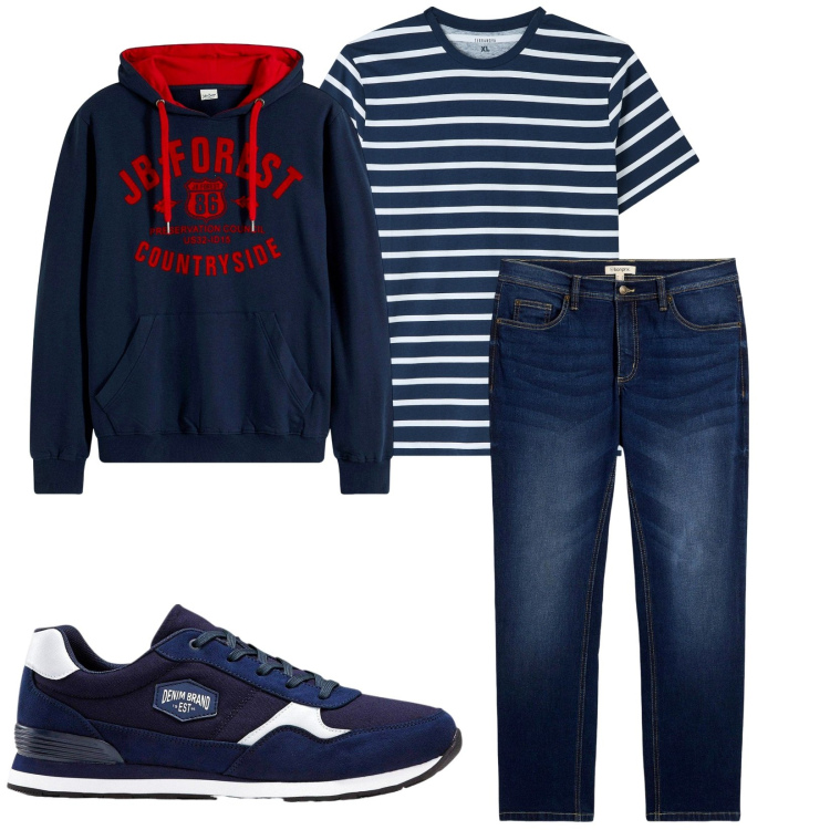 Outfit uomo - Total look #2255881. Stile Casual per Tutti i giorni. Abbinamento con jeans dritti, felpe con cappuccio, sneakers, t-shirt.