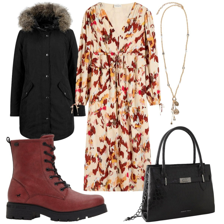 Outfit donna - Total look #2255882. Stile Boho per Tutti i giorni. Abbinamento con parka, vestiti midi/longuette, stivaletti, borse a mano, ciondoli.