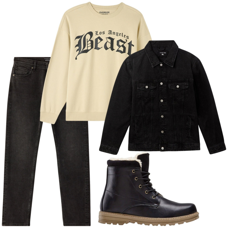 Outfit uomo - Total look #2255883. Stile Urban per Tutti i giorni. Abbinamento con stivali e stivaletti, jeans, felpe, giacche.