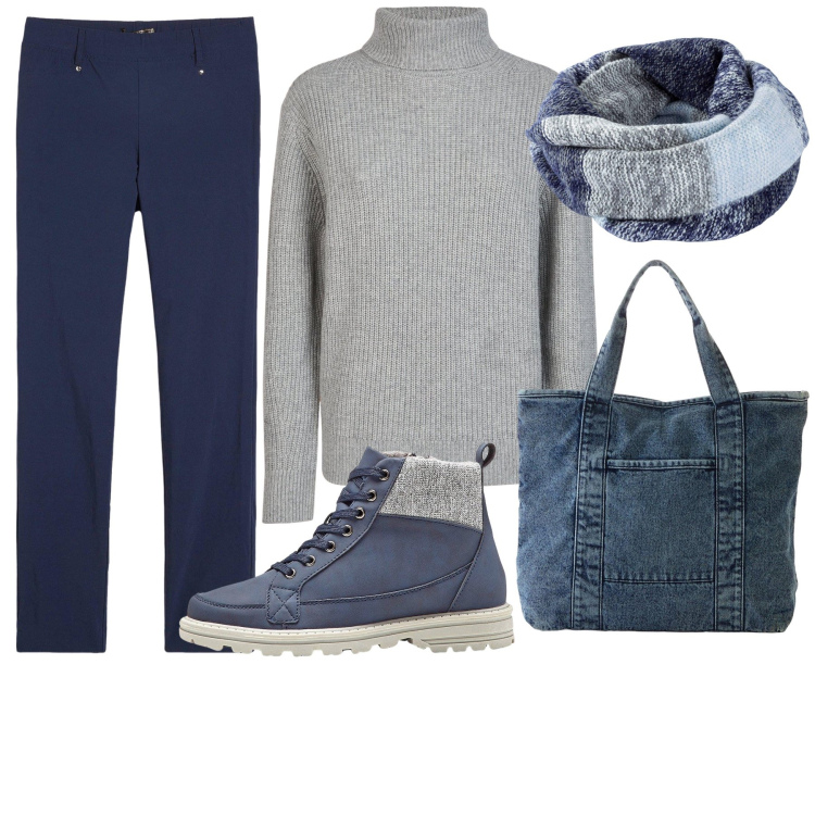 Outfit donna - Blu e Grigio. Stile Casual per Tutti i giorni. Abbinamento con pantaloni, stivaletti, foulard, shopping bag, maglieria.
