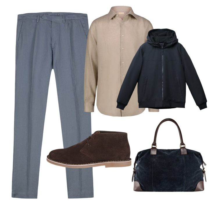 Outfit uomo - Outfit comodo per il viaggio!. Stile Casual per Tutti i giorni. Abbinamento con giacche, camicie, pantaloni, stivali e stivaletti, borse sportive.