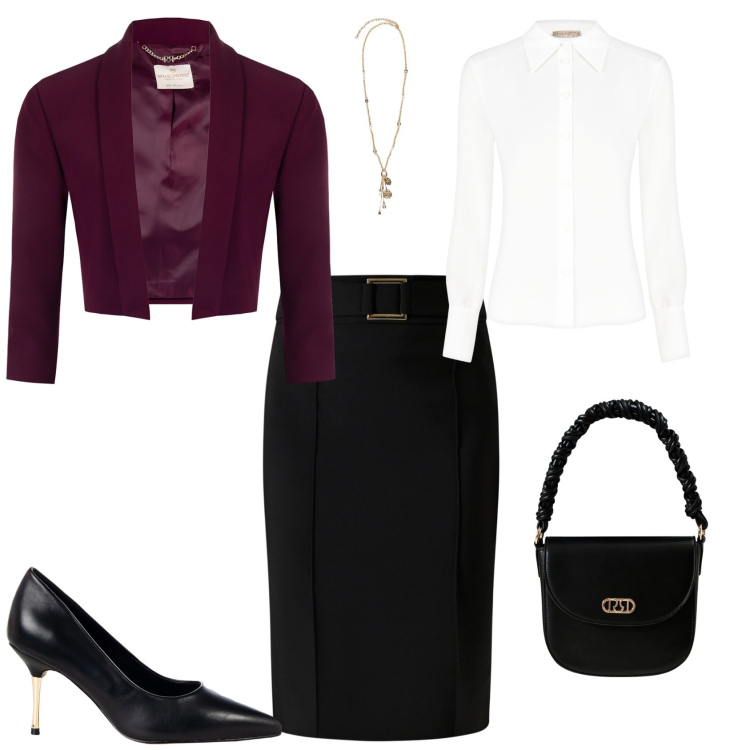 Outfit donna - Chic con Rinascimento. Stile Chic per Ufficio. Abbinamento con blazer, borse a mano, décolleté, camicie, gonne, ciondoli.
