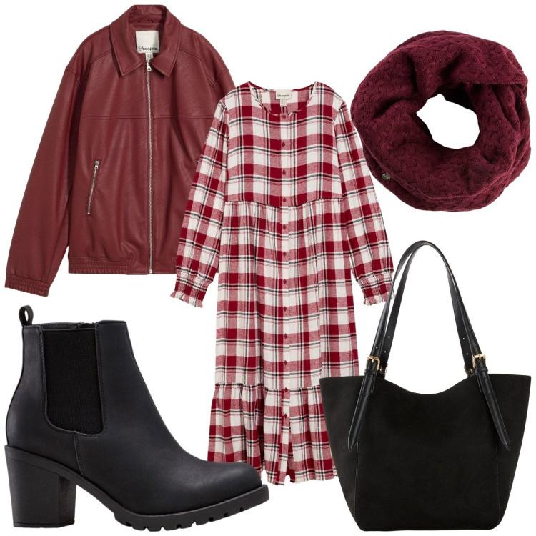 Outfit donna - Total look #2255890. Stile Trendy per Tutti i giorni. Abbinamento con stivaletti, blazer, foulard, vestiti midi/longuette, shopping bag.