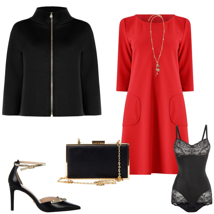 Outfit donna - Chic con Rinascimento. Stile Chic per Serata fuori. Abbinamento con body, vestiti corti, décolleté, pochette, cappe, ciondoli.