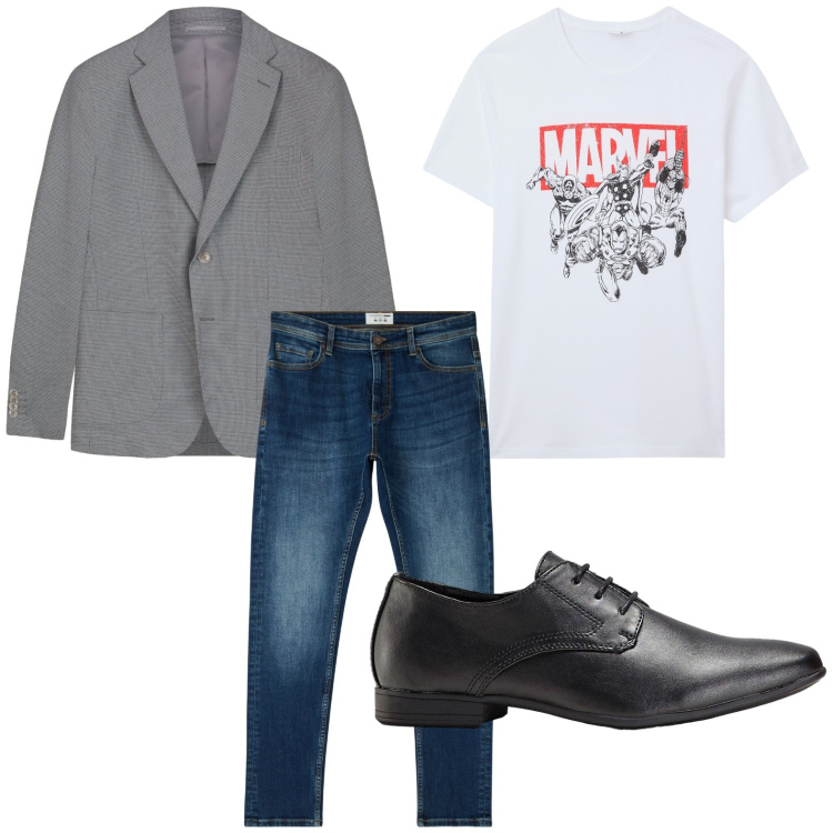Outfit uomo - Minimal. Stile Casual per Tutti i giorni. Abbinamento con scarpe stringate, jeans skinny, t-shirt, giacche.