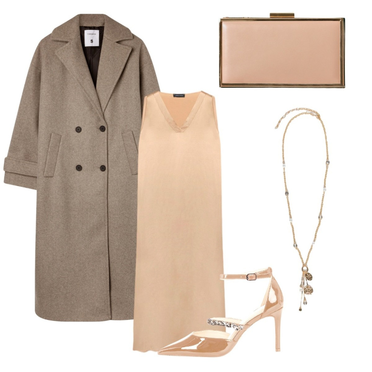 Outfit donna - Eleganza col cappotto. Stile Bon Ton per Serata fuori. Abbinamento con cappotti, pochette, décolleté, ciondoli, vestiti lunghi.