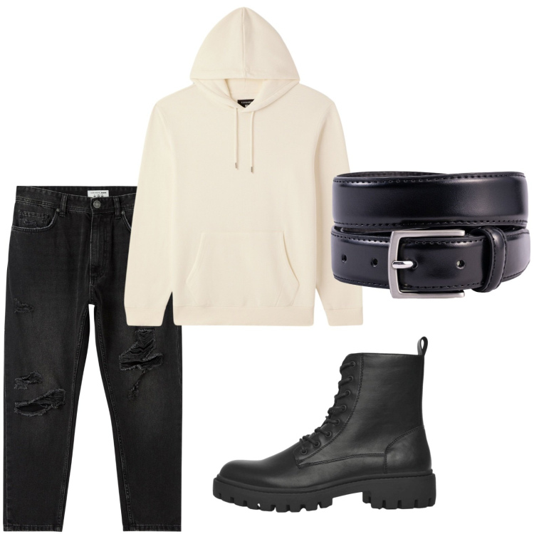 Outfit uomo - I jeans strappati. Stile Casual per Tutti i giorni. Abbinamento con anfibi, felpe con cappuccio, jeans strappati, cinture.