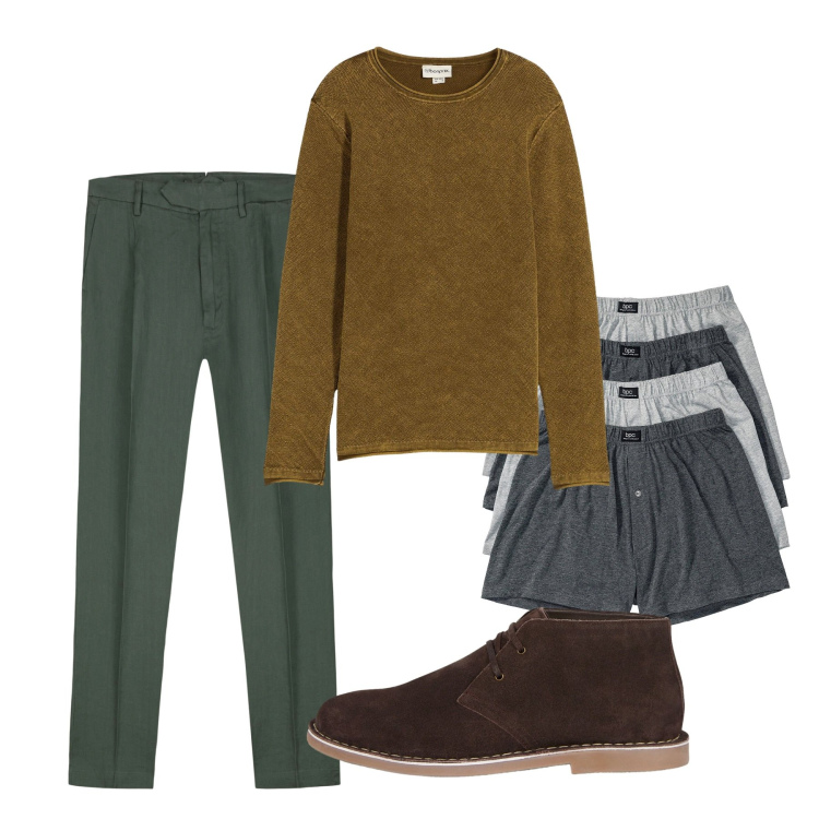 Outfit uomo - Settembre. Stile Casual per Tutti i giorni. Abbinamento con boxer, maglieria, pantaloni, stivali e stivaletti.