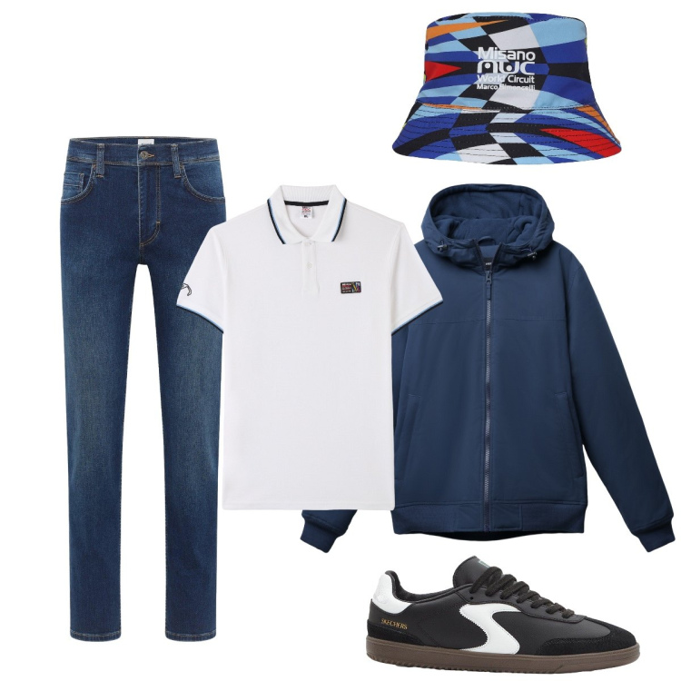 Outfit uomo - Total look #2255911. Stile Casual per Tutti i giorni. Abbinamento con sneakers, jeans dritti, giacche, cappelli, polo.