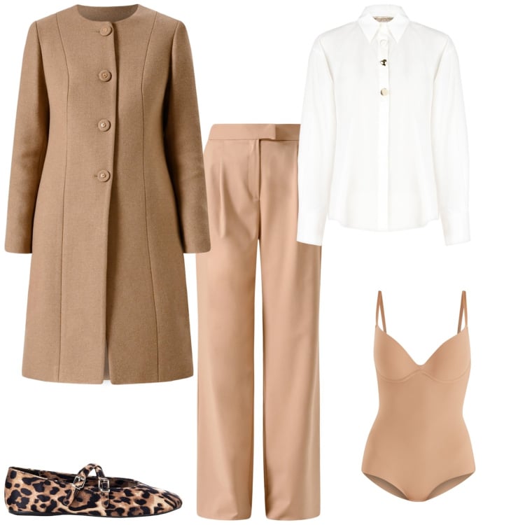 Outfit donna - Total look #2255913. Stile Chic per Ufficio. Abbinamento con cappotti, body, camicie, pantaloni, ballerine.
