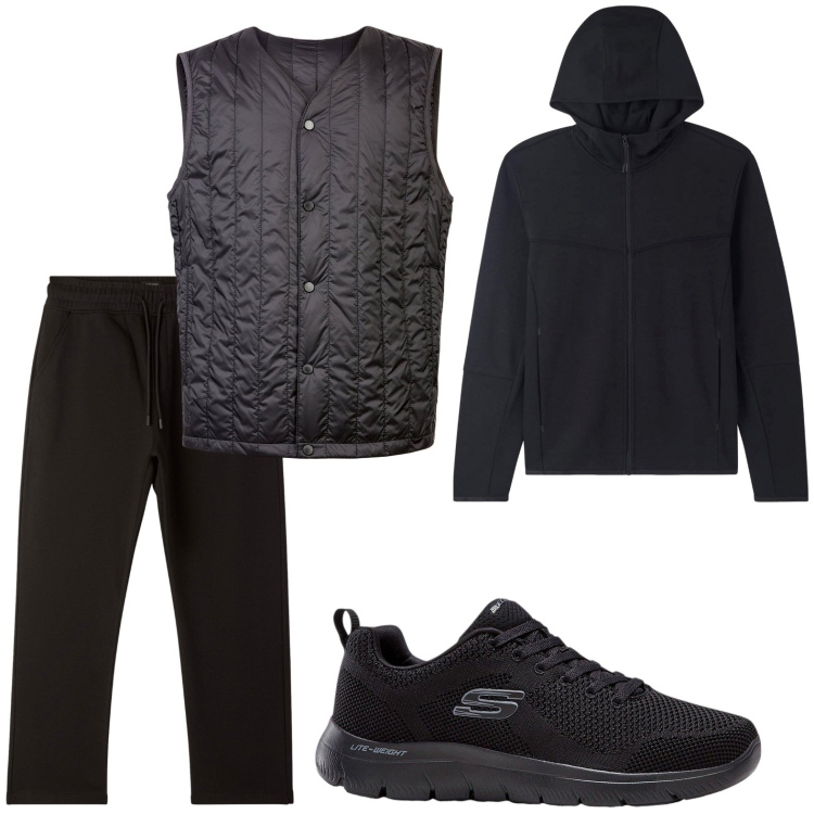 Outfit uomo - Solo nero. Stile Casual per Tutti i giorni. Abbinamento con sneakers, pantaloni, felpe con cappuccio, piumini.