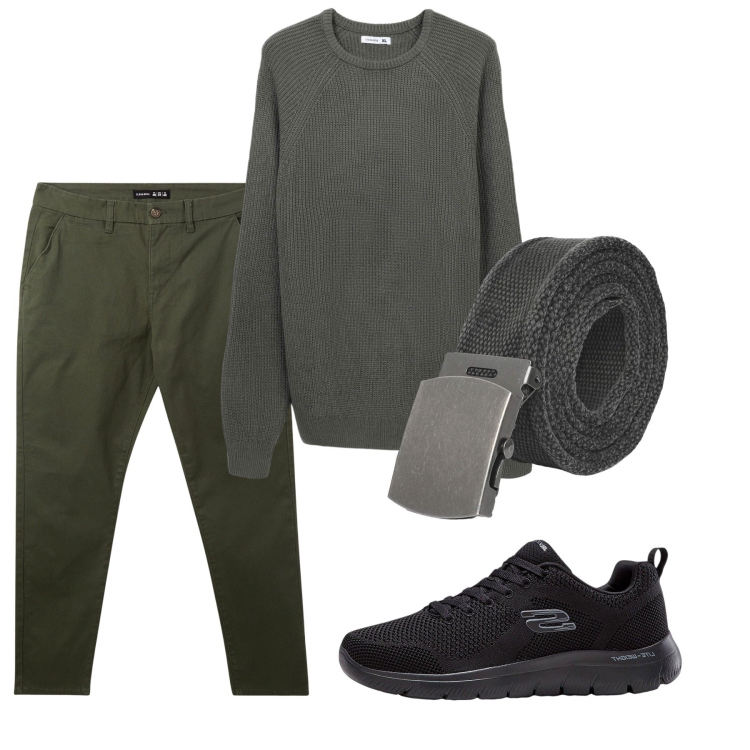 Outfit uomo - Settembre. Stile Casual per Tutti i giorni. Abbinamento con sneakers, pantaloni chino, cinture, maglieria.