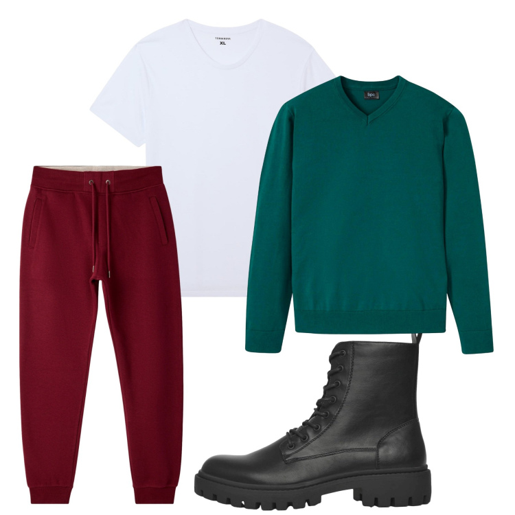 Outfit uomo - Settembre. Stile Casual per Tutti i giorni. Abbinamento con maglieria, t-shirt, anfibi, pantaloni.